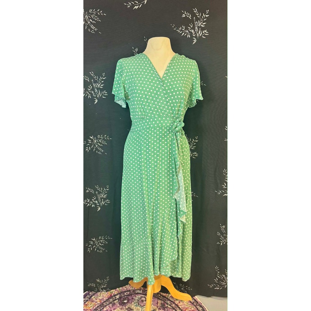Green Polka Dot Wrap Midi Dress Short Flutter Sleeve Ruffle‎ Hem V-Neck Womens